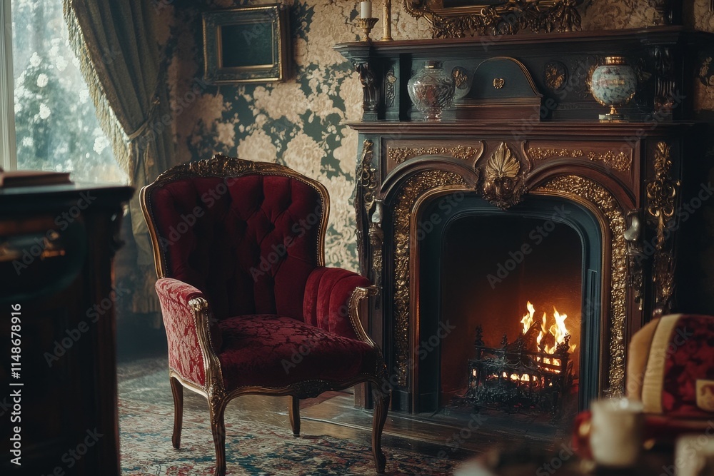 Fototapeta premium Ornate chair, fireplace, burning fire, antique room.