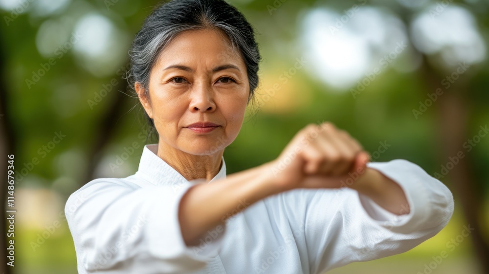 Mature Asian woman practicing martial arts in a serene outdoor setting, showcasing focus and strength during her training routine in the park Mature Asian woman practicing martial arts in a serene outdoor setting, showcasing focus and strength during her training routine in the park