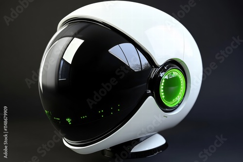 Futuristic White Helmet with Black Visor and Green Accent Light, High-Tech Design for Sci-Fi Themes, Space Exploration, or Conceptual Technology Projects