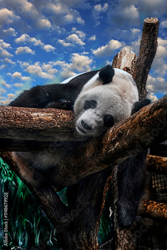 	
Big panda sleeping on the beams in its enclosure. Latin name - Ailuropoda melanoleuca	
