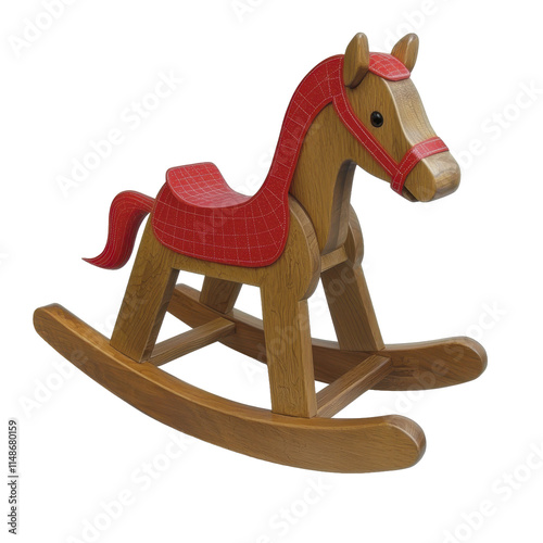 Wooden rocking horse with red accents on white background photo