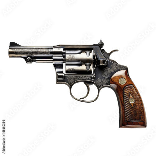 Side view of a classic revolver isolated on white transparent background