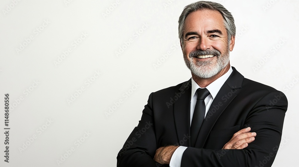 Smiling Professional Man in Black Suit Arms Crossed Modern Business Portrait White Backdrop Smiling Professional Man in Black Suit Arms Crossed Modern Business Portrait White Backdrop