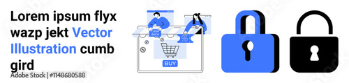 People placing items in an online shopping cart, lock icons signifying online security. Ideal for e-commerce, digital transactions, cybersecurity, data protection, consumer trust, payment gateways
