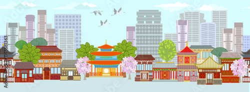 seamless border of panoramic asian cityscape with blooming trees and flying crane birds in the cloudy sky. panorama town with skyscrapers in spring