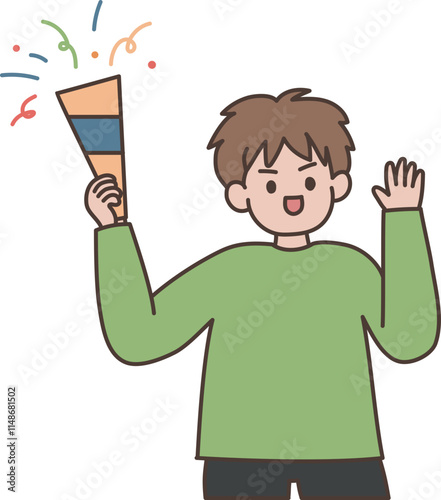 boy holding the confetti popper is cheering  