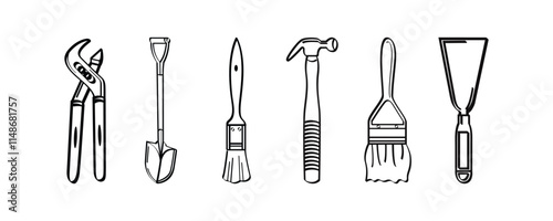 Hand drawn black and white tool icons: wrench, shovel, paintbrush, hammer, scraper - perfect for DIY and construction designs