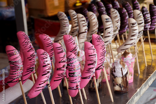 Colorful chocolate-covered bananas on sticks are decorated with sprinkles and drizzled with chocolate. Some are pink, white, or dark, displayed at a lively food stall in Japan.