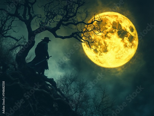 Moonlit clearing in an ancient twisted forest reveals a solitary figure with sword standing beneath a glowing full moon