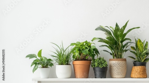 Wallpaper Mural Beautiful composition of house plants in different pots. Potted plants on white table shelf near white wall indoors Torontodigital.ca