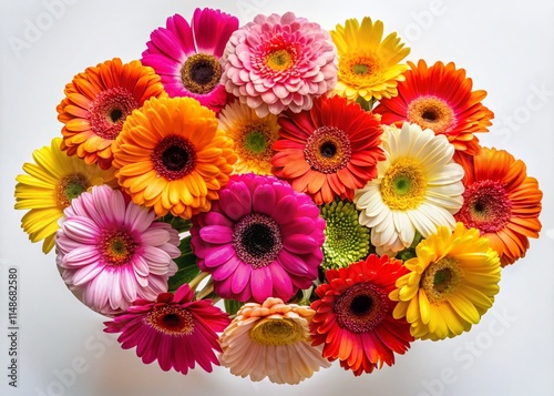 Aerial View of Vibrant Gerbera Daisy Bouquet Isolated on White Background - Drone Photography