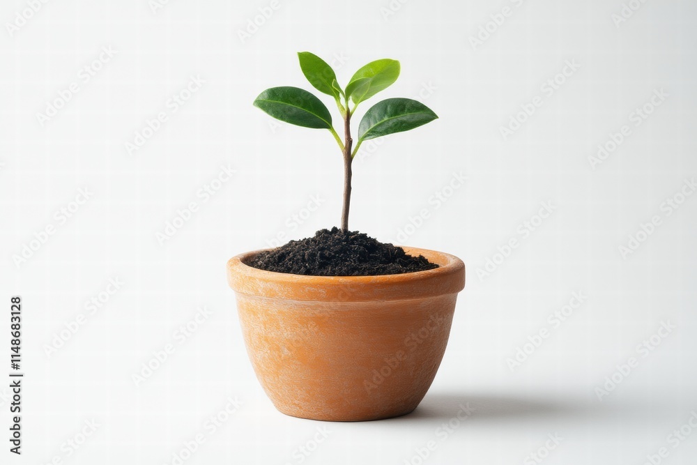 Small Green Plant Growing in Terracotta Pot on a Light Background, Symbolizing Growth, Renewal, and Environmental Sustainability in Home Decor Small Green Plant Growing in Terracotta Pot on a Light Background, Symbolizing Growth, Renewal, and Environmental Sustainability in Home Decor