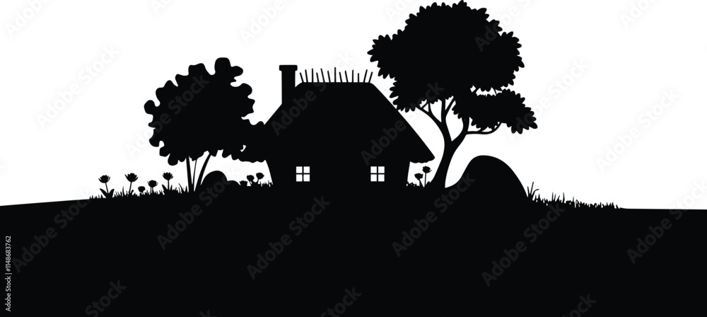 Naklejka premium Solid Black Silhouette of a Cottage