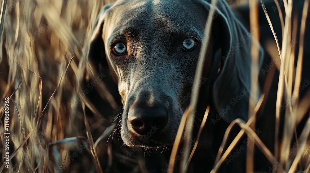 Weimaraner dog in field between dense tall grass in golden hour lighting. Adorable grey dog with bright eyes.