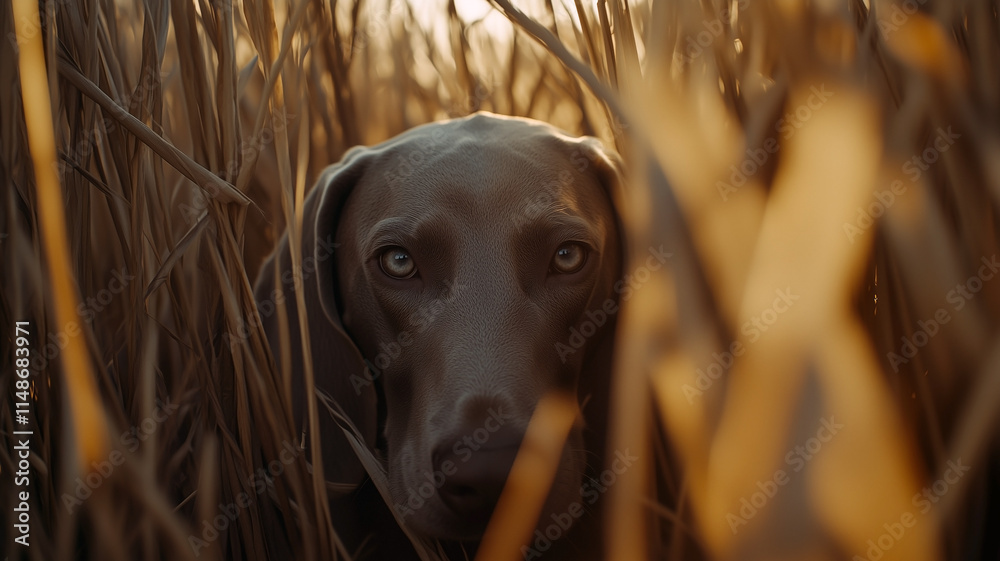 Weimaraner dog in field between dense tall grass in golden hour lighting. Adorable grey dog with bright eyes.