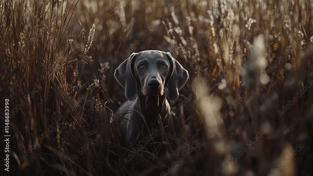 Weimaraner dog in field between dense tall grass in golden hour lighting. Adorable grey dog with bright eyes.