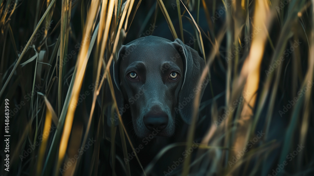 Weimaraner dog in field between dense tall grass in golden hour lighting. Adorable grey dog with bright eyes.