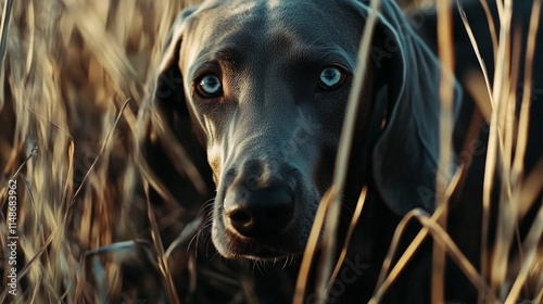 Obraz na płótnie Weimaraner dog in field between dense tall grass in golden hour lighting. Adorable grey dog with bright eyes. w salonie