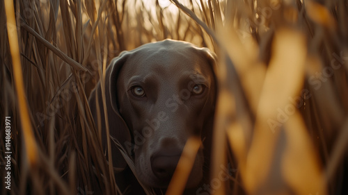 Obraz na płótnie Weimaraner dog in field between dense tall grass in golden hour lighting. Adorable grey dog with bright eyes. w salonie