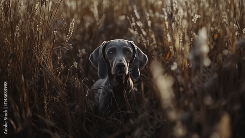 Obraz na płótnie Weimaraner dog in field between dense tall grass in golden hour lighting. Adorable grey dog with bright eyes. w salonie