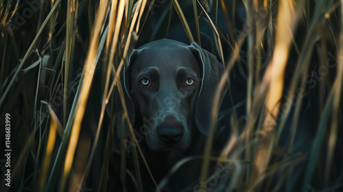Obraz na płótnie Weimaraner dog in field between dense tall grass in golden hour lighting. Adorable grey dog with bright eyes. w salonie