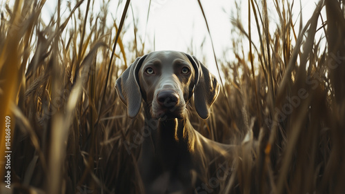 Obraz na płótnie Weimaraner dog in field between dense tall grass in golden hour lighting. Adorable grey dog with bright eyes. w salonie
