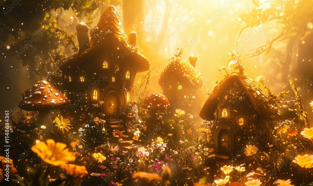 Fototapeta premium Enchanted homes, glowing lights, whimsical flowers, magical forest.