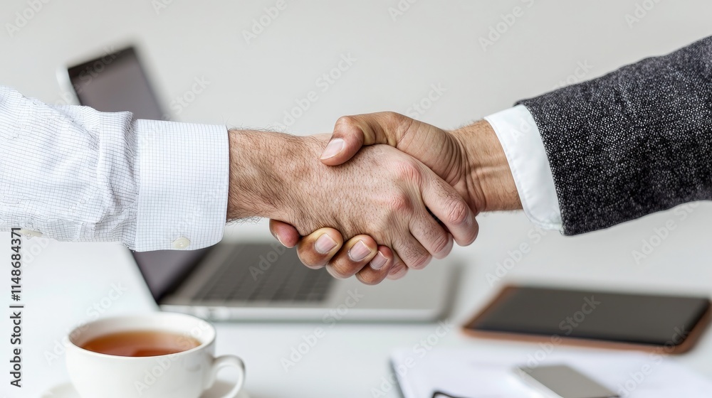 Close-up of two businessmen shaking hands across a table with laptops and tea. Close-up of two businessmen shaking hands across a table with laptops and tea.