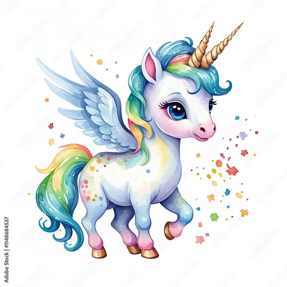 Adorable winged unicorn with a rainbow mane and tail, sparkling against a white background. Whimsical and colorful. Adorable winged unicorn with a rainbow mane and tail, sparkling against a white background. Whimsical and colorful.