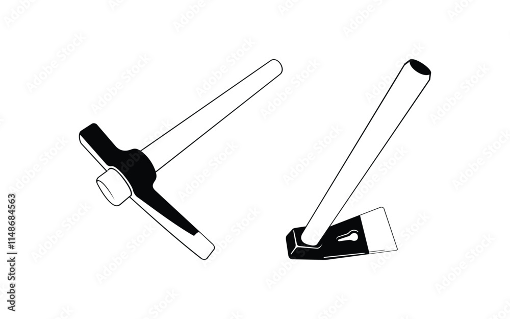 Set of two line art tools - minimalist Pickaxe and Hammer vector illustration design Set of two line art tools - minimalist Pickaxe and Hammer vector illustration design