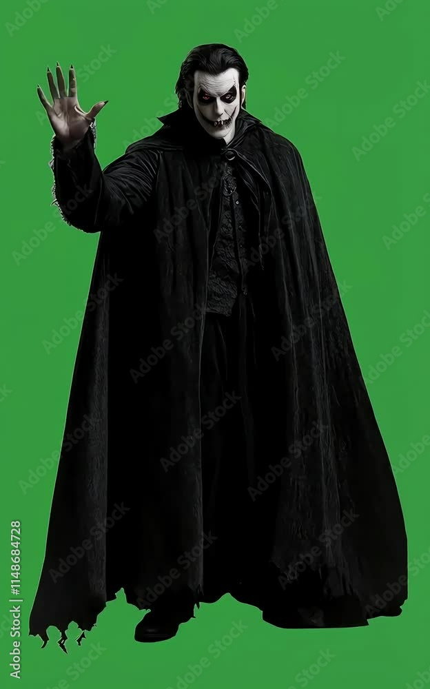 A man, wearing a black and creepy Dracula costume, against a green background. A man, wearing a black and creepy Dracula costume, against a green background.