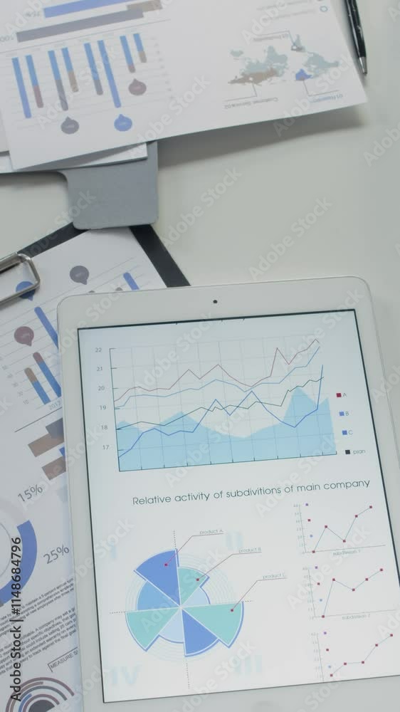 Vertical close-up view of digital tablet displaying analytical data and printed documents with charts on office desk