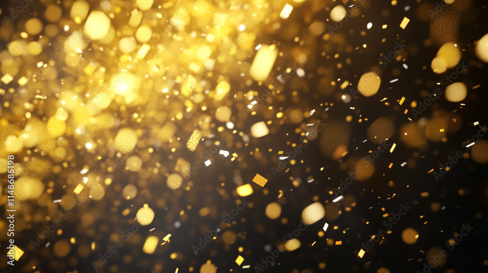 Sparkling golden particles create a festive atmosphere in the dark. Sparkling golden particles create a festive atmosphere in the dark.