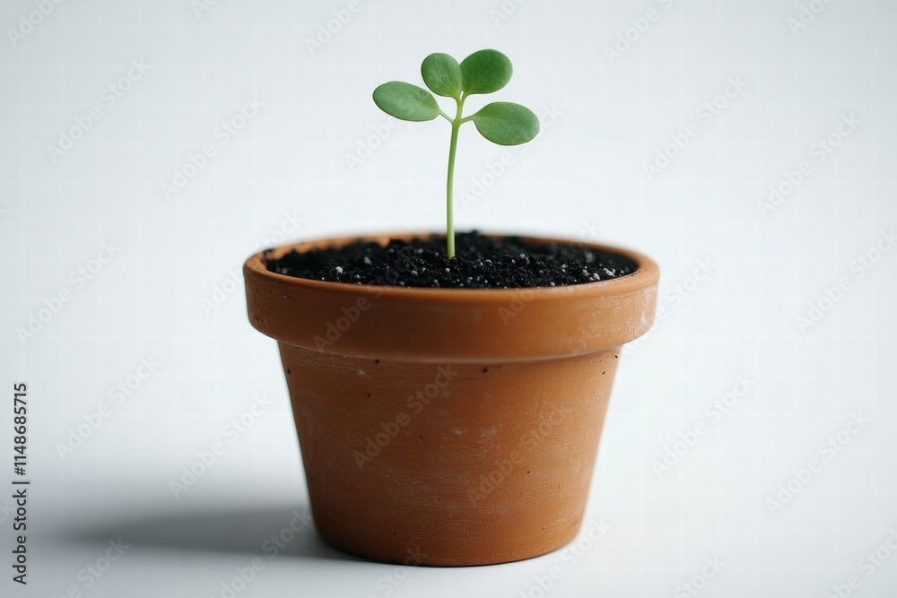 Fresh Green Sprout Growing from Soil in a Simple Clay Pot, Symbolizing New Beginnings and Hope in Gardening and Planting Activities Fresh Green Sprout Growing from Soil in a Simple Clay Pot, Symbolizing New Beginnings and Hope in Gardening and Planting Activities