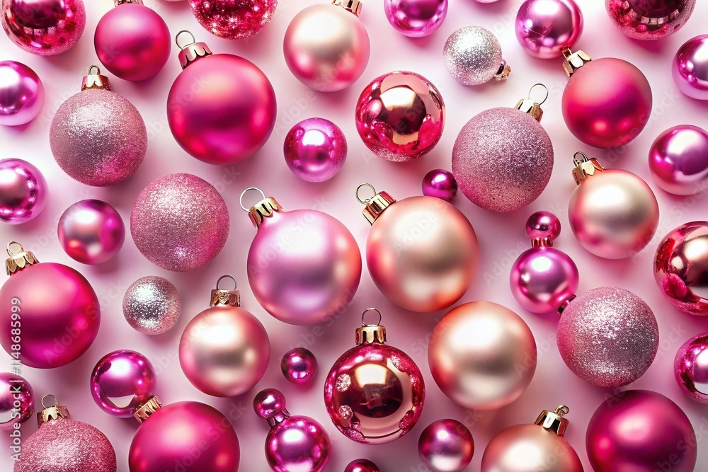 Aerial View Pink Hanging Ornaments White Background - Festive Decoration Stock Photo Aerial View Pink Hanging Ornaments White Background - Festive Decoration Stock Photo