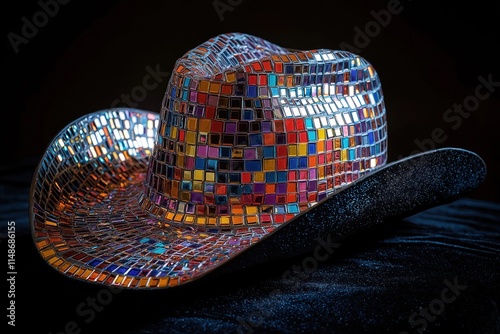 Colorful mosaic cowboy hat on black velvet background. Hat mirror-tile pattern with many vibrant colors. Gay cowboy style. Retro, vintage design. Possible for fashion party celebration. Perfect for photo