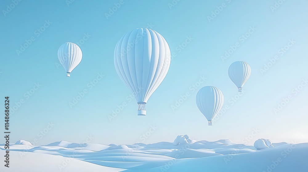 Fototapeta premium Four white hot air balloons float over a serene, snow-covered landscape under a clear sky.