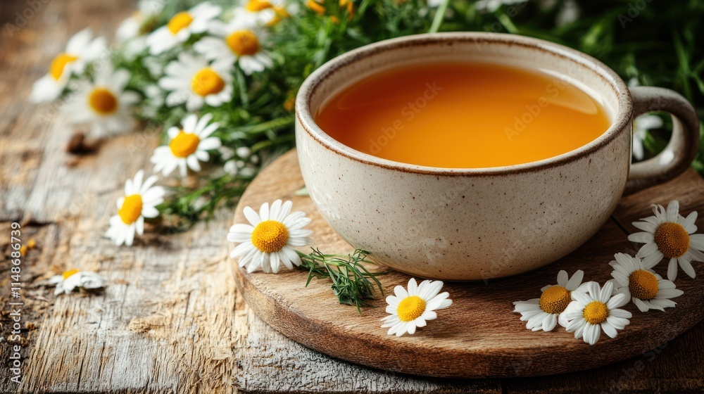 Cup of chamomile tea with fresh flowers on wooden background. (1) Cup of chamomile tea with fresh flowers on wooden background. (1)