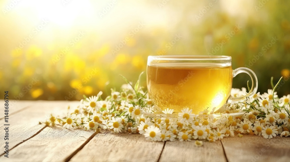 Cup of chamomile tea with flowers on wooden table outdoors. Cup of chamomile tea with flowers on wooden table outdoors.