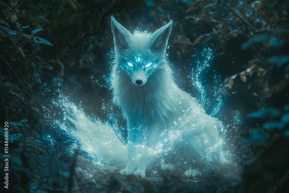 Glowing white fox, mystical forest, ethereal light. Glowing white fox, mystical forest, ethereal light.