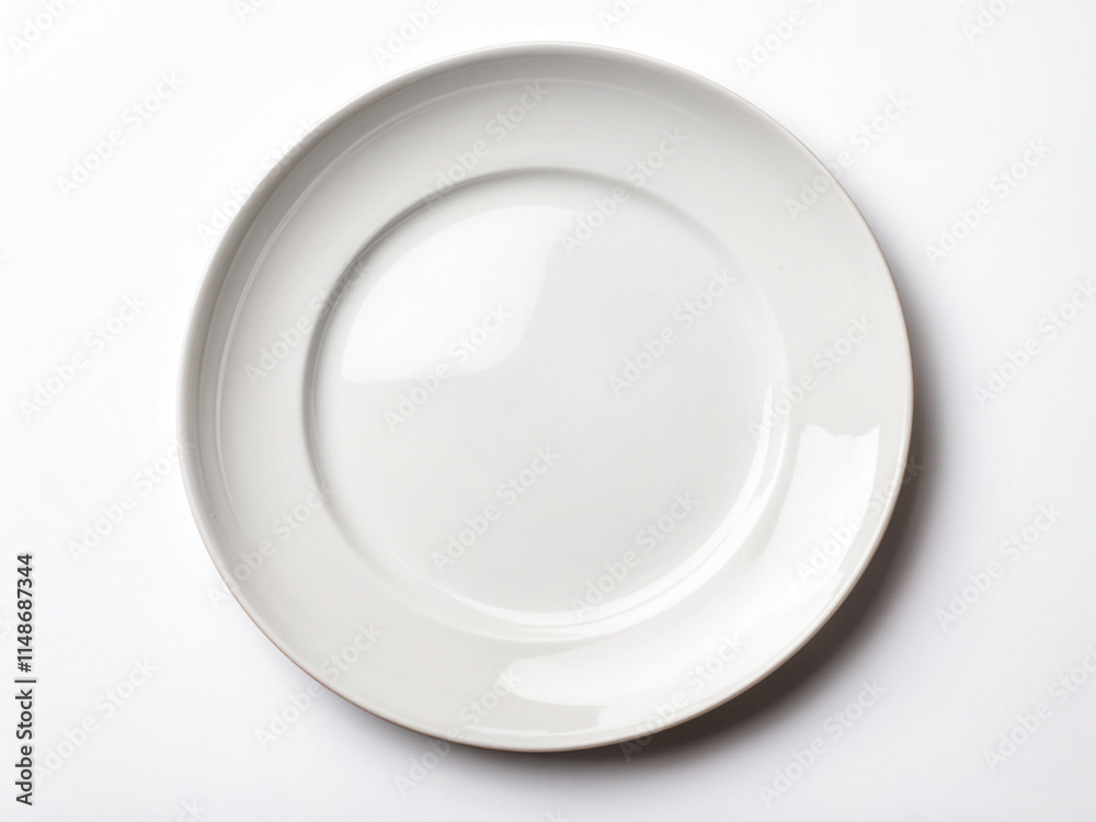 Flat lay of White plate ceramic blank isolated on mockup. Minimal dish. Mockup for food. Empty space.
