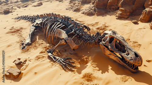 Fototapeta Naklejka Na Ścianę i Meble -  Large fossilized dinosaur skeleton discovered in sandy desert landscape during an archaeological dig