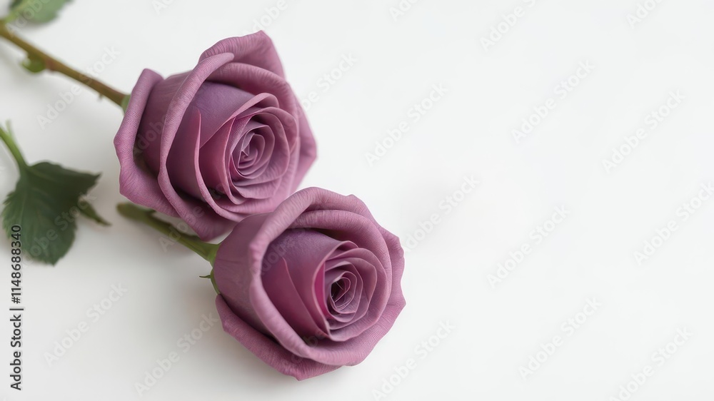 Fototapeta premium Three velvety roses and elegant rings arranged on pristine white background, luxury, object, engagement