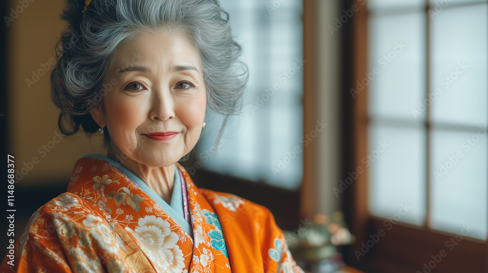 Traditional Japanese woman in colorful kimono poses gracefully indoors during afternoon light Traditional Japanese woman in colorful kimono poses gracefully indoors during afternoon light