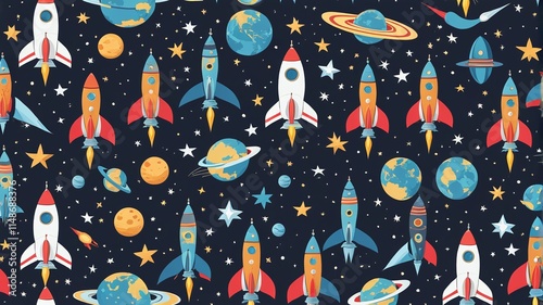 seamless pattern with rocket and stars