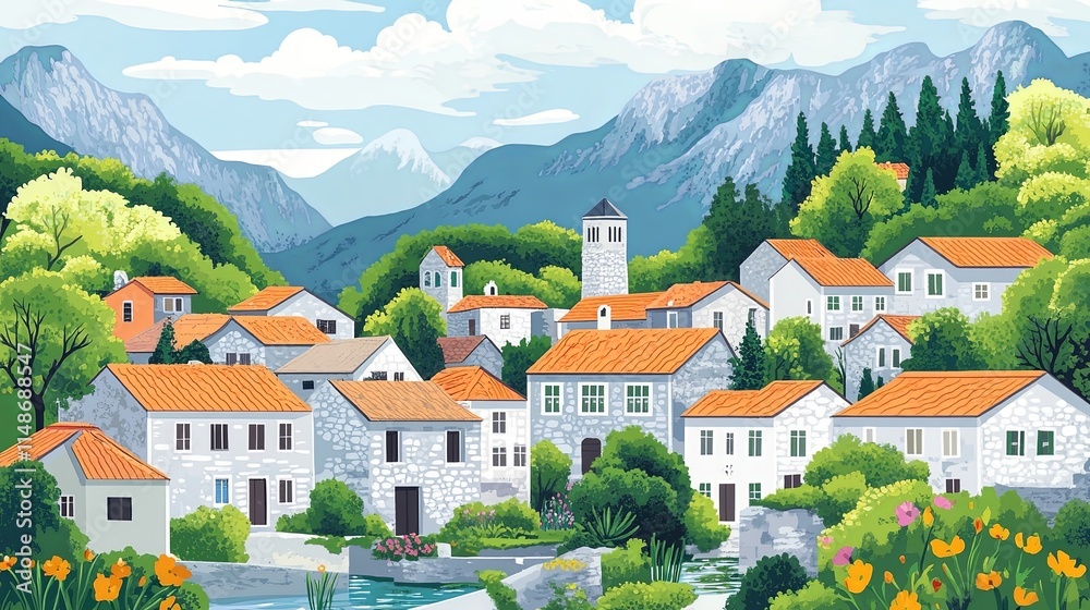 Fototapeta premium Gusinje Montenegro Travel Poster Flat Illustration Print Decor Gift Canvas Wall Art Gift