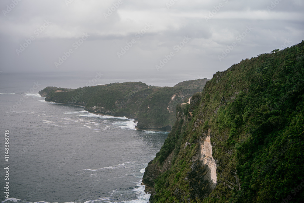 A sight near the Kelingking Beach cliff Bali, Indonesia covered with green plants and rocks, facing the vast ocean A sight near the Kelingking Beach cliff Bali, Indonesia covered with green plants and rocks, facing the vast ocean