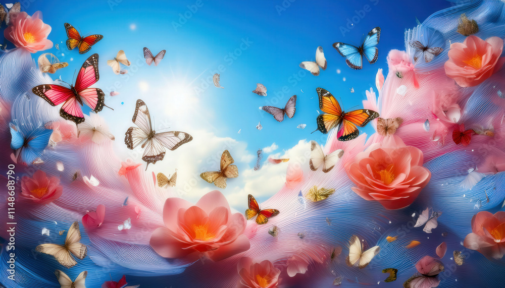 A dynamic composition of swirling petals and colorful butterflies in a soft blue sky, evoking a sense of freedom and beauty, perfect for nature-themed designs or spring promotions. A dynamic composition of swirling petals and colorful butterflies in a soft blue sky, evoking a sense of freedom and beauty, perfect for nature-themed designs or spring promotions.