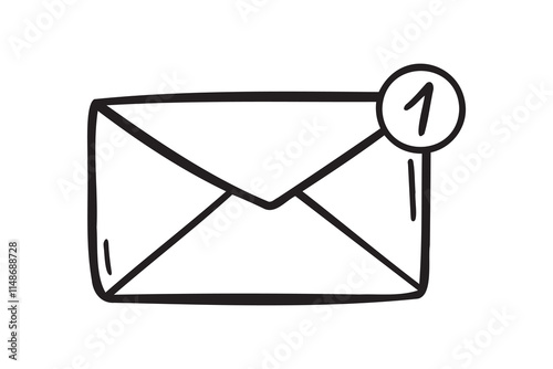 mail and 1 new message sign doodle hand drawn icon. Outline drawing mail and 1 new message sign line clipart symbol