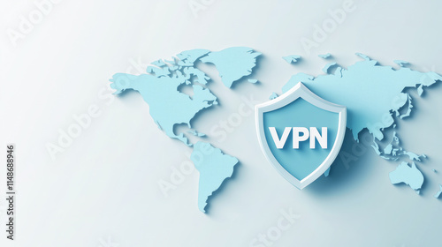 Vpn security concept with shield icon on blue world map background